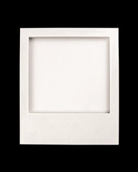 Empty white square photo frame with recessed opening on a black background