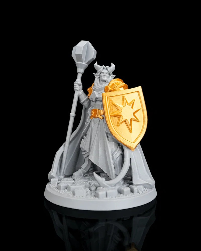 Horned fantasy figurine holding a staff and gold shield on a round base against a black background
