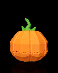 Back view of an orange pumpkin object with a green stem on a black background