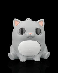 Front view of a gray cat figure with dark eyes, pink ears, a pink nose, and a white belly on a black background.