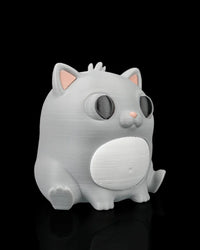 Angled front view of a gray cat figure with a white belly, dark eyes, pink ears, and small paws.