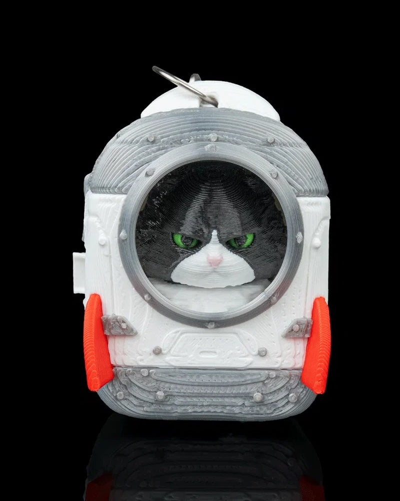 Black and white cat face with green eyes inside a white and gray rocket-shaped pod with red fins