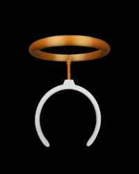 White curved headband with a gold halo ring on a black background