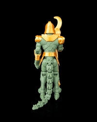 Back view of a green armored figurine with a segmented tail and gold-colored armor on a black background.