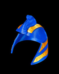 Blue and gold pharaoh-style headpiece on a black background