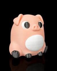 A peach pig figure is shown from an angled front view with a white belly, black eyes, floppy ears, and dark hooves.