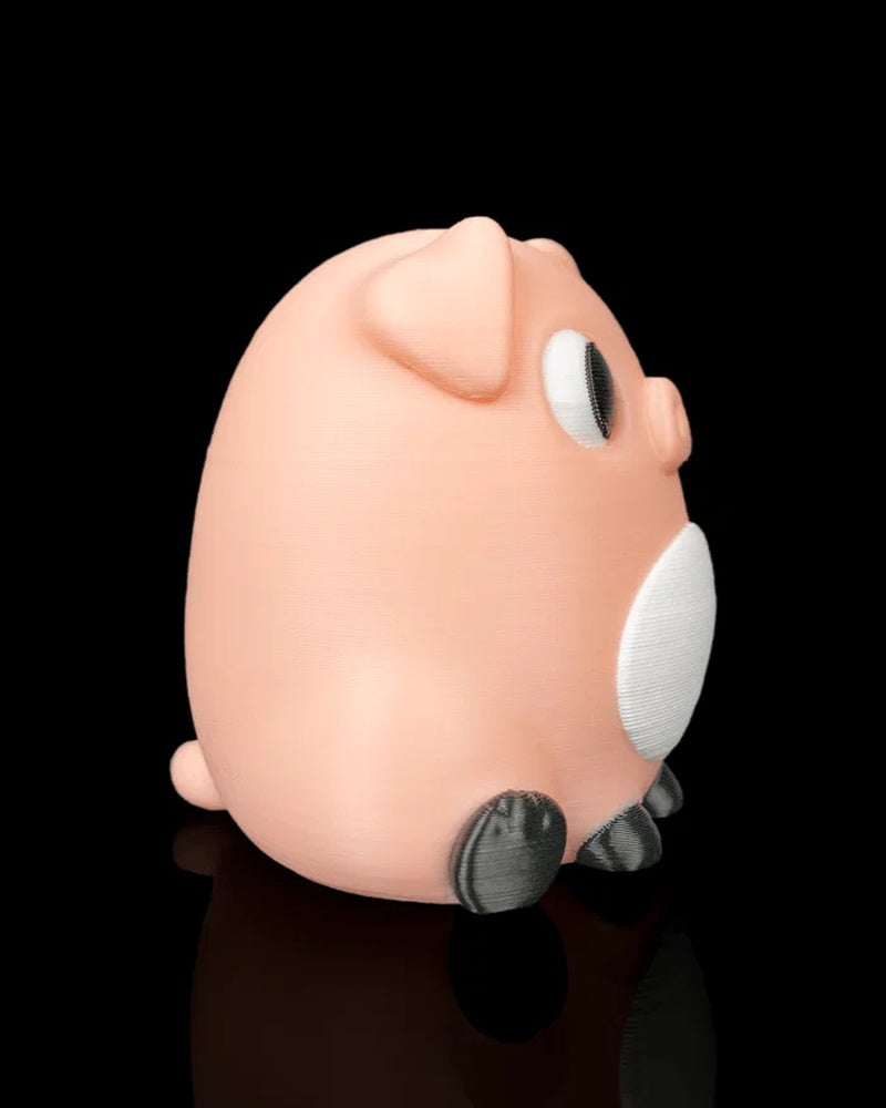 A peach pig figure is shown in side profile with a white belly, raised ear, small snout, and dark hooves.