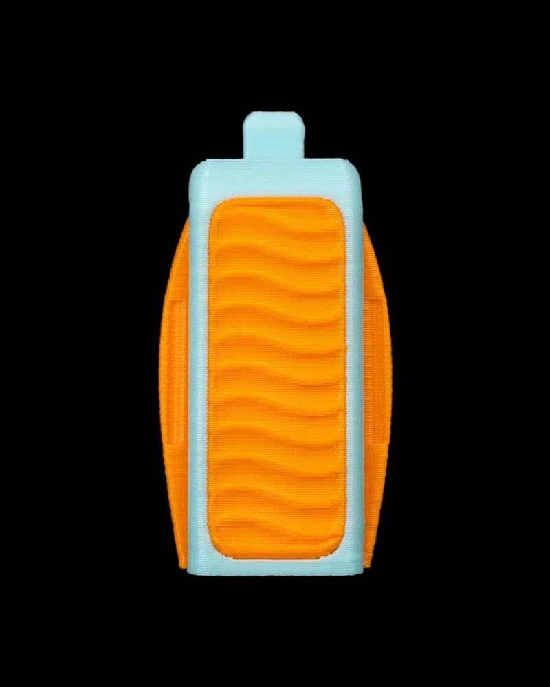 Orange and light blue whistle-shaped figurine on a black background