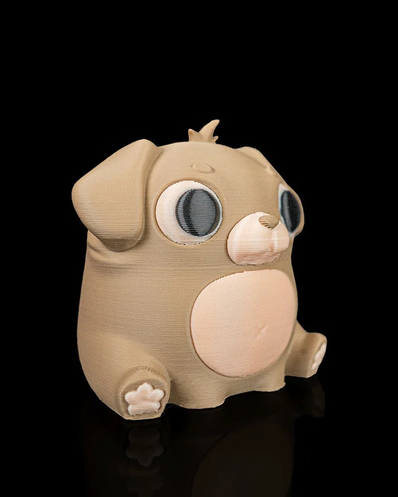 Angled side view of a tan puppy figure with a pale round belly, floppy ear, and small paw details on a black background.
