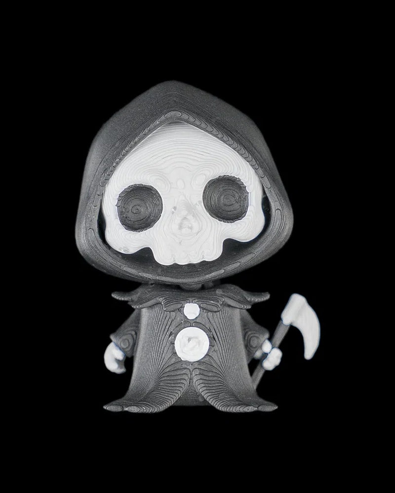 Hooded skull character holding a small scythe on a black background