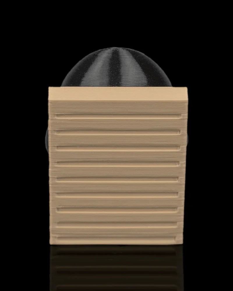 Rear view of a tan slatted lounge chair with the top of a black hood visible