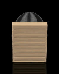 Rear view of a tan slatted lounge chair with the top of a black hood visible