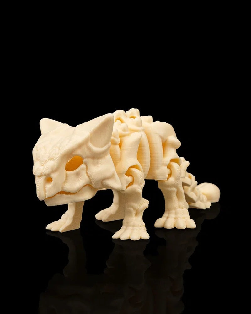 Cream-colored ankylosaurus skeleton-style figurine facing left on a black reflective surface