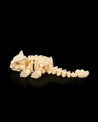 Cream-colored ankylosaurus skeleton-style figurine lying low with tail extended on a black reflective surface