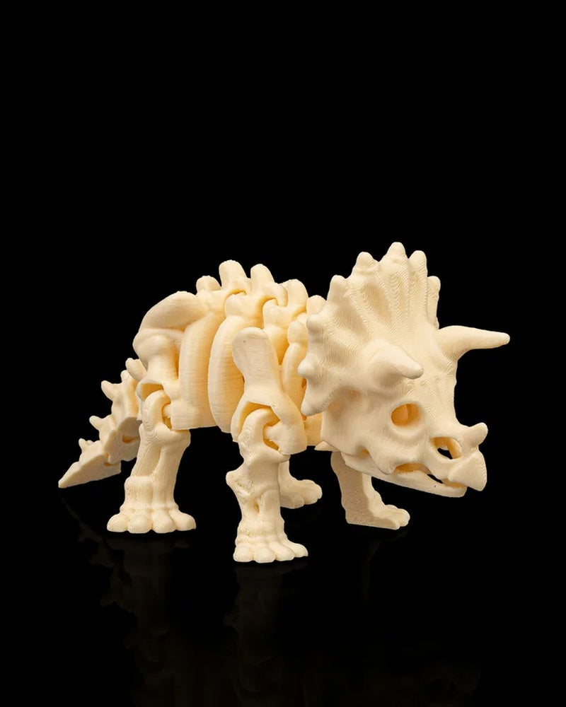 Cream-colored triceratops skeleton figurine facing forward on a black reflective surface