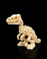 Cream-colored velociraptor skeleton figurine standing on a black reflective surface