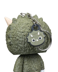 Close-up of a metal ring and small dinosaur face charm against a textured green head.