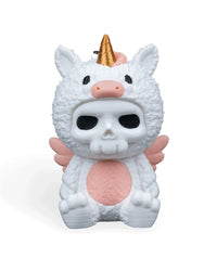 Front view of a white unicorn costume figurine with a gold horn, pink belly, pink wings, and skull-like face