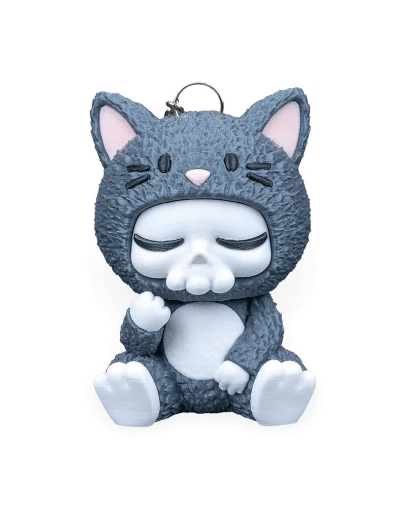 Front view of a gray cat costume character with closed eyes, white paws, and pink ears