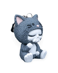 Angled view of a seated gray cat costume character with a metal ring visible above the head