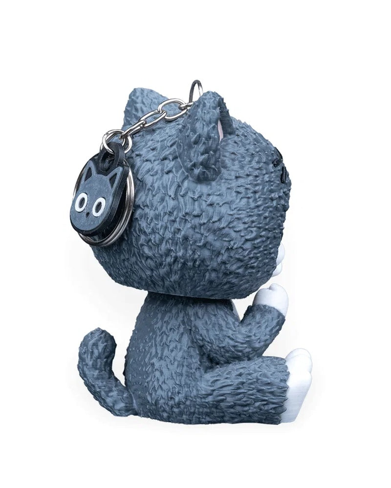 Rear side view of a gray cat costume character with a metal chain and round cat tag visible
