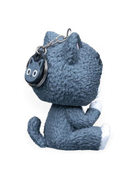 Rear side view of a gray cat costume character with a metal chain and round cat tag visible