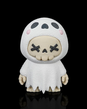 Front view of a white ghost skull figurine with black X eyes, pink cheeks, and a ragged robe on a black background.