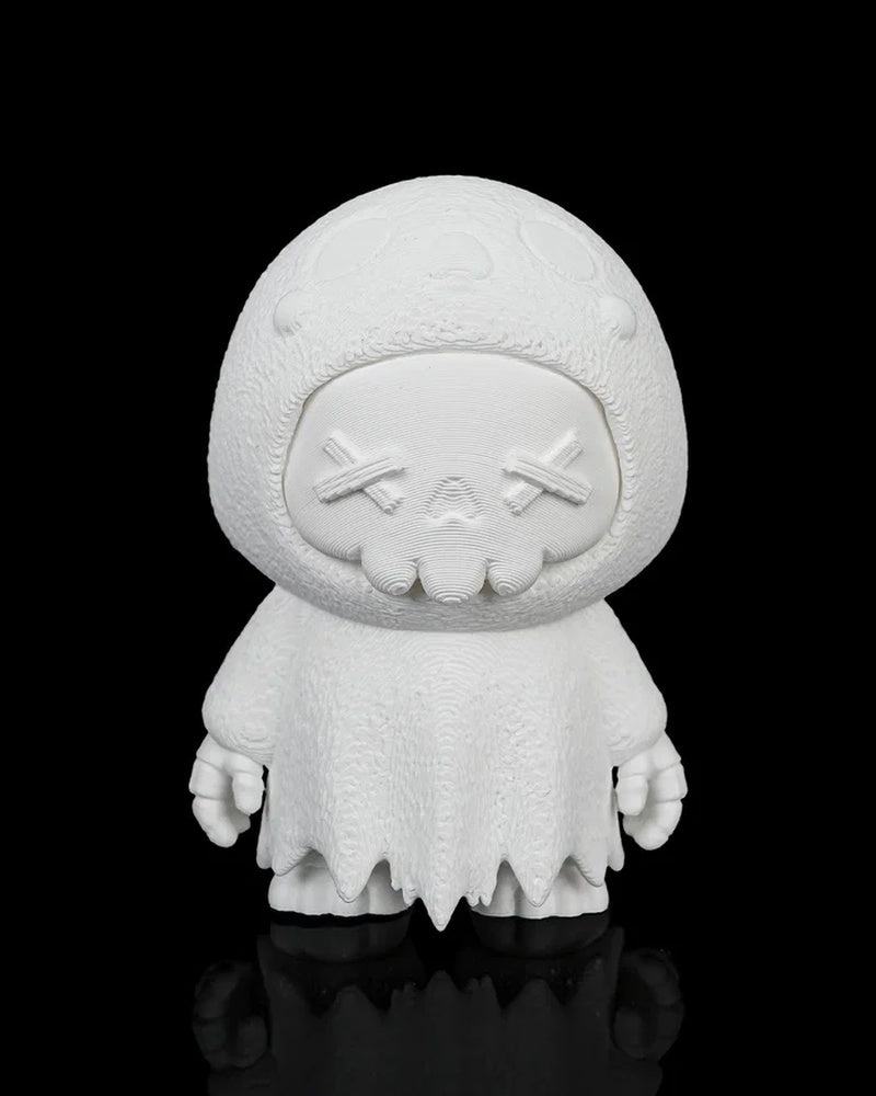 Front view of an all-white ghost skull figurine with raised facial details and a ragged robe on a black background.