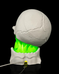 Rear view of a white skull lamp with green illumination and a cable visible at the base
