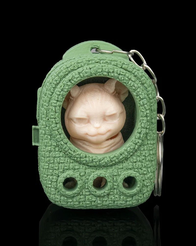 Pale cat face inside a green textured pack with a metal chain and ring at the side