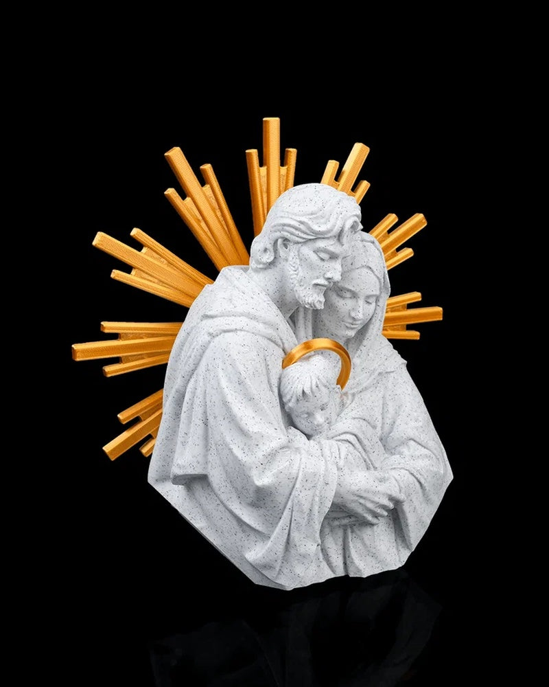 Side view of a white Holy Family figurine with gold-tone rays on a black background