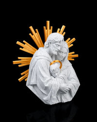 Side view of a white Holy Family figurine with gold-tone rays on a black background
