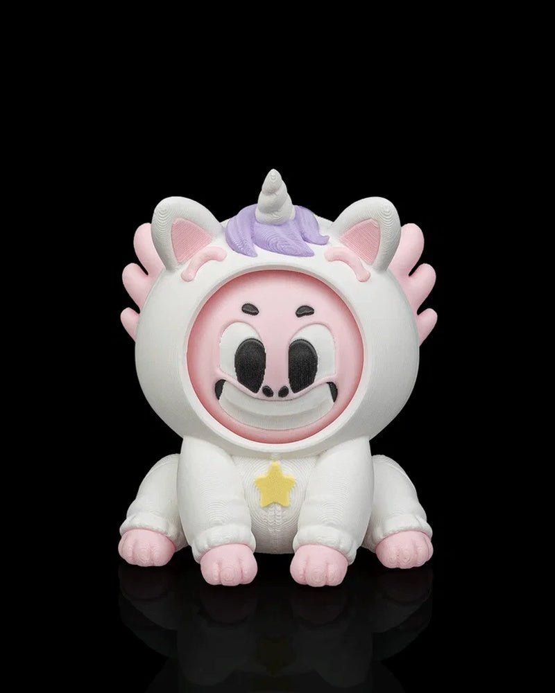 Front view of a white unicorn axolotl character with a smiling pink face, purple mane, horn, pink frills, and yellow star accent on a black background