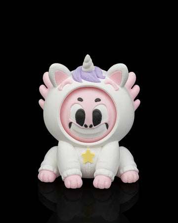 Front view of a white unicorn axolotl character with a smiling pink face, purple mane, horn, pink frills, and yellow star accent on a black background