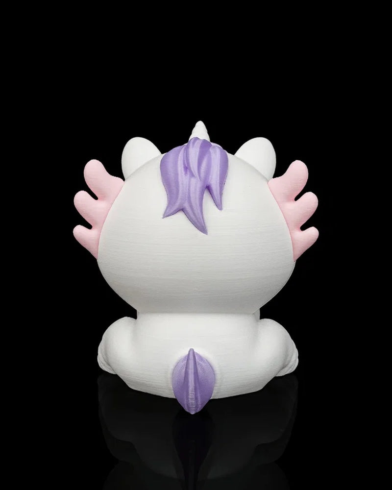 Back view of a white unicorn axolotl character with pink frills, purple mane, purple tail, and white ears on a black background