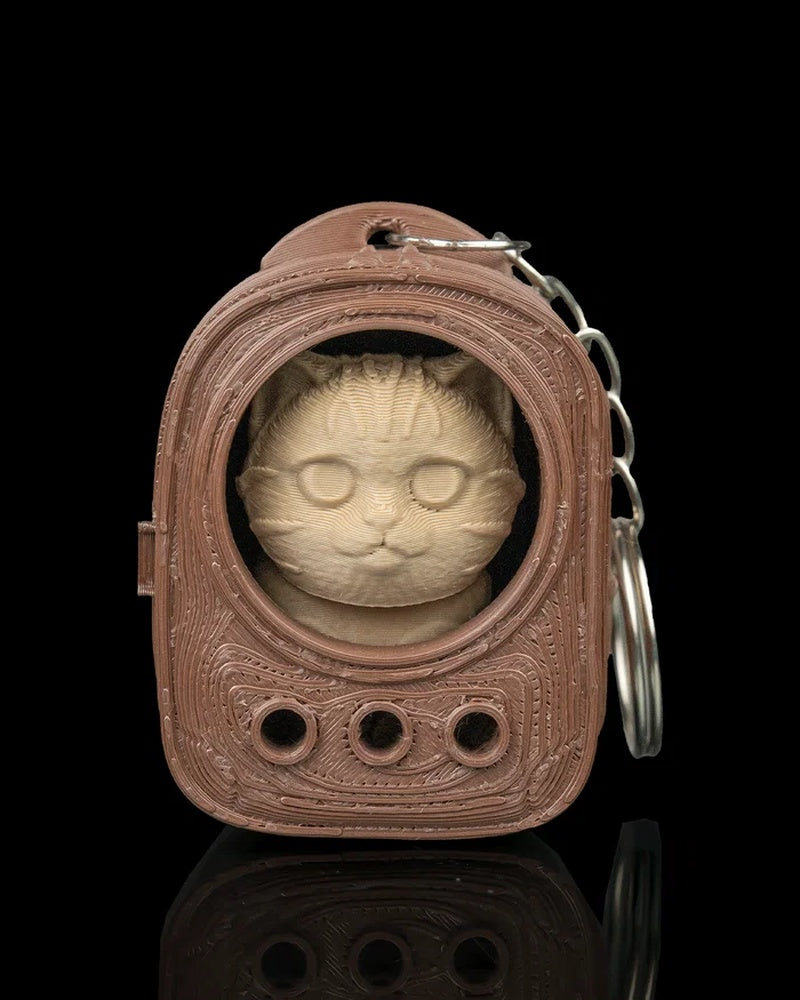 Cat face inside a brown backpack-shaped carrier with a metal ring and chain visible