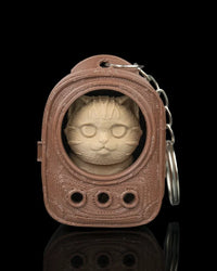 Cat face inside a brown backpack-shaped carrier with a metal ring and chain visible