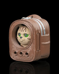 Angled view of a brown backpack-shaped carrier with a tabby cat face inside