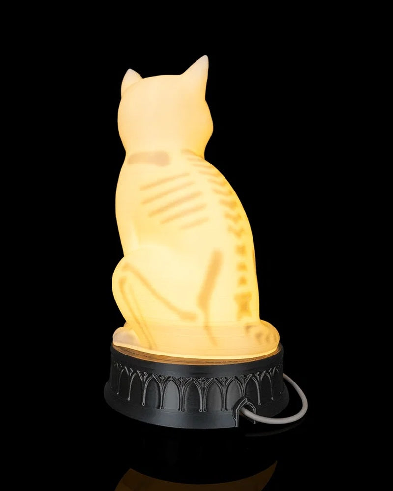 Back view of a glowing cat-shaped lamp with skeletal-style markings and a cord near the base